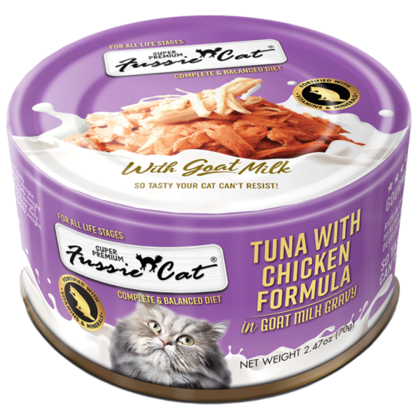 Fussie Cat Premium Tuna with Chicken Formula in Goat Milk Gravy Canned Cat Food For Sale